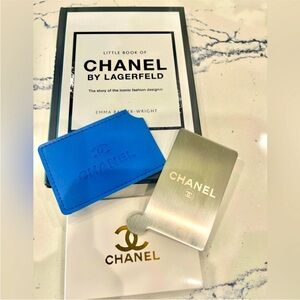 CHANEL Blue Leather Holder and Silver Metal travel Mirror